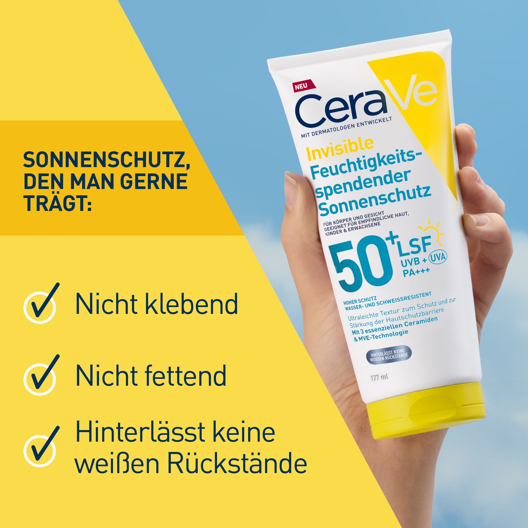 CeraVe Invisible Sonnenschutz LSF 50+ Tube. Text: Nicht klebend, fettend, hinterlässt keine weißen Rückstände.
